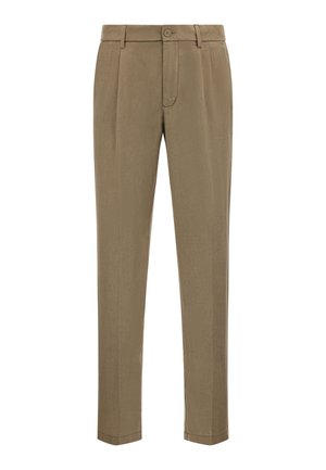 Pantaloni khaki con design a gamba dritta, dotati di una piega frontale, chiusura con bottone e tessuto a trama liscia.