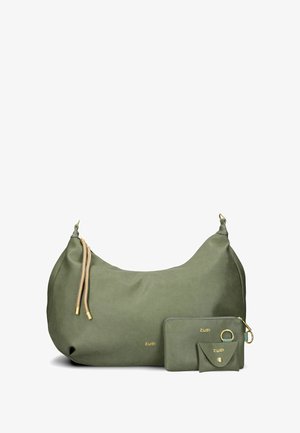 Olivgrüne Leder-Hobo-Tasche mit goldenen Beschlägen, ausgestattet mit einem Reißverschluss und zwei befestigten Taschen für Karten und Münzen.