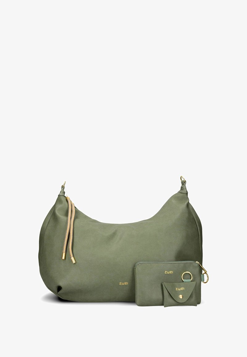 Olivgrüne Leder-Hobo-Tasche mit goldenen Beschlägen, ausgestattet mit einem Reißverschluss und zwei befestigten Taschen für Karten und Münzen.
