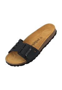 Black slide sandal with a wide strap featuring a buckle, cork footbed, and textured rubber sole. Smooth upper surface and natural color base.