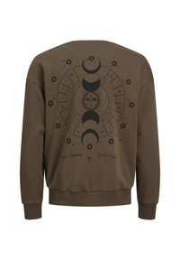 Sudadera marrón con un gran estampado gráfico de cuerpos celestes, incluyendo las fases de la luna y un sol, con puños y dobladillo acanalados.