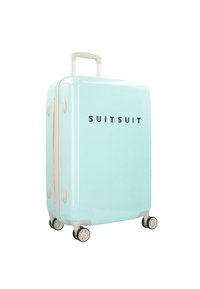 Harde turquoise koffer met beige accenten, dubbele wielen, uitschuifbare handgreep en het "SUITSUIT" logo aan de voorkant. Gladde textuur.
