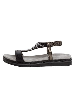 Svart och metallisk tanga sandal med justerbart rem, texturerad ovandel och vadderad grå innersula. Har en stabil svart yttersula.