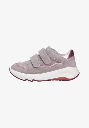 Gray suede sneaker with two Velcro straps, metallic pink accents, white midsole, and a textured rubber outsole in gradient red.