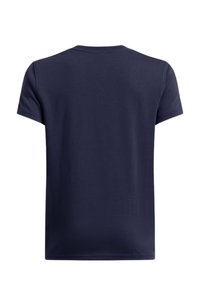Camiseta de algodón azul marino de manga corta, con cuello redondo y una textura suave. Diseño liso sin patrones ni detalles de hardware visibles.