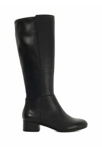 Knee-high black leather boot with a round toe and 3 cm block heel. Smooth texture and minimal stitching, featuring a flat rubber sole.