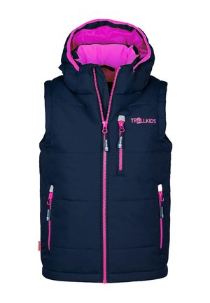 Marineblaue ärmellose gesteppte Weste mit pinker Fütterung, pinken Reißverschlüssen, einer Kapuze und dem "TROLLKIDS"-Logo auf der Brust.