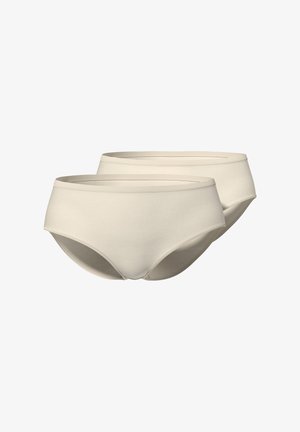 Zwei beigefarbene nahtlose Damen-Baumwollslips vor weißem Hintergrund.