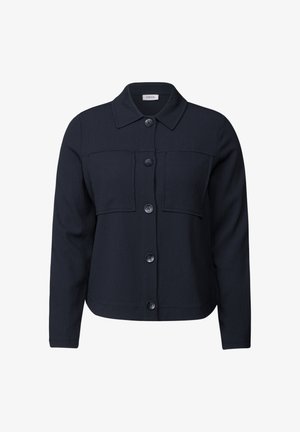 Navy blue textured jacket with a collared neckline, front button closure, and two chest pockets. Made of lightweight fabric.