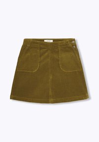 Jupe mini en velours côtelé vert olive avec deux poches, une silhouette légèrement évasée et deux boutons décoratifs en argent sur la taille.