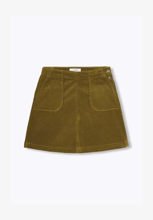 Jupe mini en velours côtelé vert olive avec deux poches, une silhouette légèrement évasée et deux boutons décoratifs en argent sur la taille.