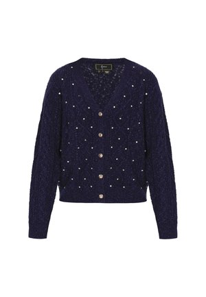 Mørkeblå strikket cardigan med lange ærmer, V-hals, guldknapper og små hvide perleudsmykninger foran og på ærmerne.
