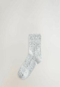 Hellgraue Socke mit einem gesprenkelten Muster in dunklerem Grau, geripptem Bündchen und glatter Textur. Standardform, geeignet für den Freizeitgebrauch.