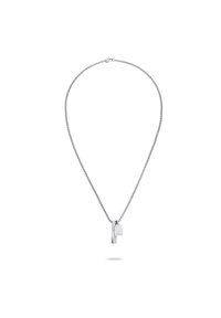 Zilveren ketting met een fijne schakel, met een minimalistische tag-vormige hanger. De hanger bevat een subtiele gravure.