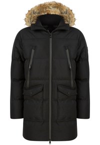 Schwarze Steppjacke mit Kapuze, die mit Kunstpelz gefüttert ist, Brusttaschen mit Reißverschluss und Klappentaschen. Strukturierte Oberfläche und gerippter Kragen.