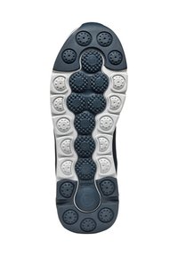 Semelle de chaussure présentant un motif de nœuds circulaires en bleu marine et blanc, avec des sections texturées pour l'adhérence et l'amortissement. Accents ronds notables.