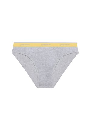 Šedé bavlněné slipy s žlutým elastickým pasem, na kterém je vytištěno jméno značky "yamamay" v svetle šedé barvě. Jednoduchý, klasický design.