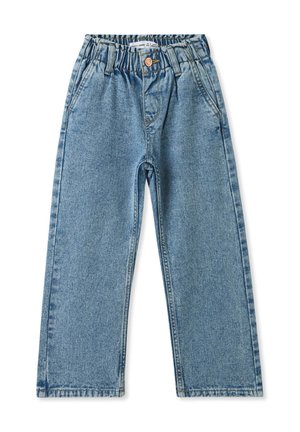 Pantaloni in denim azzurro chiaro con vestibilità rilassata, cintura elastica, chiusura con bottone e tasche frontali. Presentano una texture sbiadita e gambe dritte.