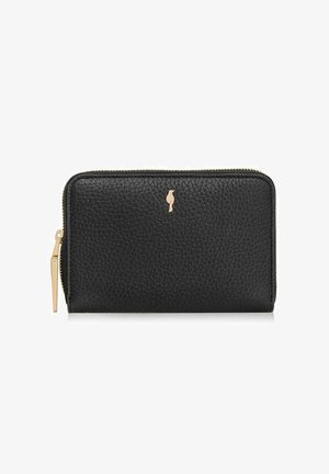 Czarny portfel z ziarnistej skóry z zamkiem błyskawicznym wokół, złotym suwakiem i małym złotym emblematem ptaka na środku z przodu.