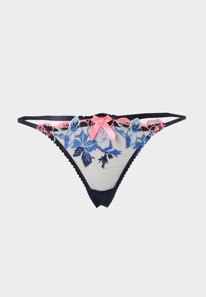 Priesvitné čierne tangá s modrým a ružovým kvetinovým vyšívaním a malou ružovou saténovou mašličkou v strede predného pásu.