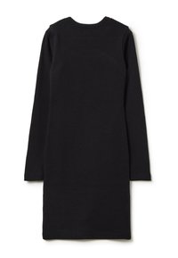 Abito lungo a maniche lunghe nero a costine con scollo rotondo, caratterizzato da una silhouette aderente e una finitura liscia e testurizzata.