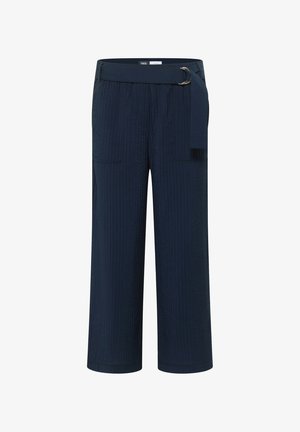 Navy blue wide-leg trousers with subtle vertical texture, patch pockets, and a matching belt with silver double-ring buckle.