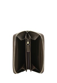 Brown leather wallet featuring a zip closure, two compartments, and card slots. Smooth texture with silver hardware accents.