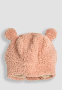 Roze, gestructureerde fleece muts met afgeronde oorachtige accenten bovenop. Zachte binnenvoering en geplooid ontwerp aan de bovenkant. Ronde vorm.