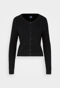 Czarny dziergany kardigan o prążkowanej fakturze, z długimi rękawami, okrągłym dekoltem i zapięciem na guziki z przodu. Krótszy fason z subtelnym wzorem.