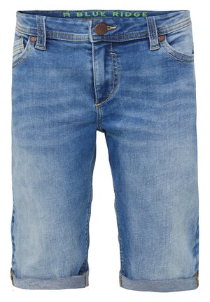 Niebieskie, dżinsowe spodenki do kolan z podwiniętymi mankietami, pięcioma kieszeniami i zapięciem na guziki, z napisem "R BLUE RIDGE" na wewnętrznym pasku.