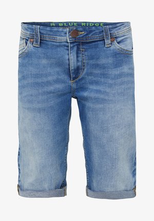 Niebieskie, dżinsowe spodenki do kolan z podwiniętymi mankietami, pięcioma kieszeniami i zapięciem na guziki, z napisem "R BLUE RIDGE" na wewnętrznym pasku.