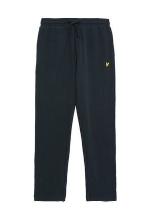 Pantalons de jogging bleu marine en tissu doux, équipés d'une taille élastique avec cordon de serrage et d'un petit logo jaune sur la cuisse gauche.