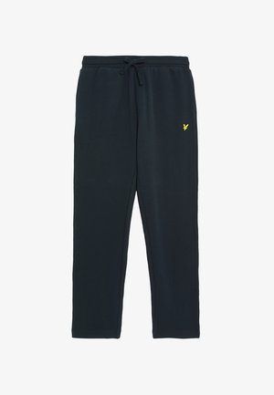 Pantaloni della tuta blu navy realizzati in un tessuto morbido, dotati di una vita elastica con cordino e un piccolo logo giallo sulla coscia sinistra.