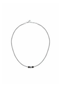 Collana in argento con design intrecciato, adornata da due perle scure al centro. Lunghezza regolabile con chiusura a gancio.