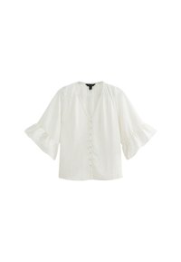 Witte blouse met een V-hals, pofmouwen en een knoopsluiting aan de voorkant. Geweven stof met een lichte glans en gerimpelde mouwaccenten.