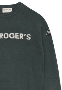 Maglione per bambini in maglia verde scuro con il testo bianco "ROGER'S" sul petto e una toppa con logo triangolare sulla manica.
