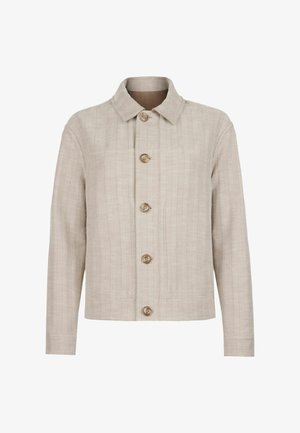 Beige jakke med fiskebensmønster, lange ærmer, spidst krave og fem knapper foran.