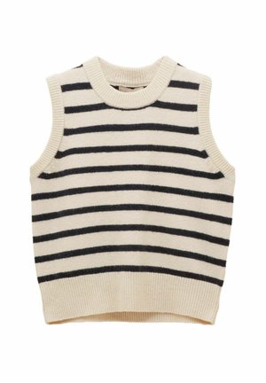 Ärmellose Strickweste mit schwarzen horizontalen Streifen auf cremefarbenem Hintergrund, mit einem gerippten Rundhalsausschnitt und Saum.