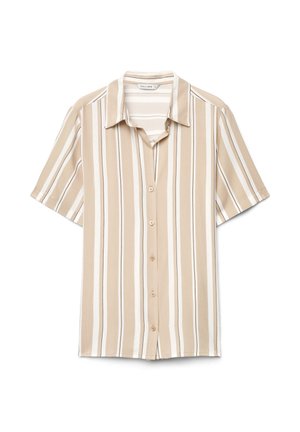 Short-sleeve button-up shirt with beige, white, and light brown vertical stripes, laid flat on a white background.