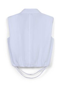 Top senza maniche di color azzurro chiaro, con colletto, orlo elastico e dettagli decorativi in corda sul retro. Tessuto liscio con un design pulito.