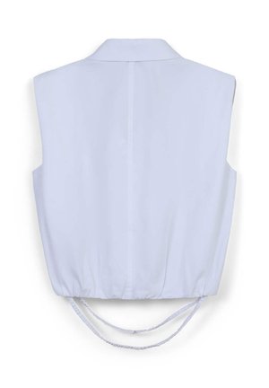 Blusa senza maniche di colore azzurro chiaro con colletto, orlo elastico e aperture laterali. Tessuto liscio con leggera lucentezza e design minimalista.