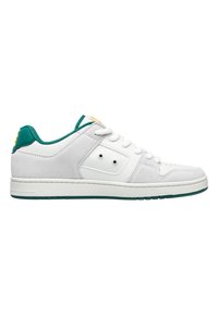White sneaker with a suede and leather upper, teal accents on the collar, and a rubber sole; features lacing and perforations on the toe.