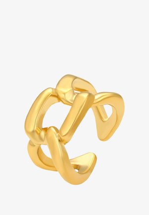 Masszív, fényes arany láncszemes karkötő sima, lekerekített téglalap alakú linkekből, nyitott kör alakú kialakítással összekötve.