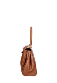 Borsa a mano in pelle marrone con una forma strutturata, dotata di un unico manico superiore e dettagli plissettati sui lati. Accenni in metallo dorato.