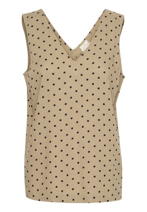Top beige senza maniche con scollatura a V, decorato con pois neri, realizzato in tessuto leggero, con una vestibilità comoda e orlo dritto.