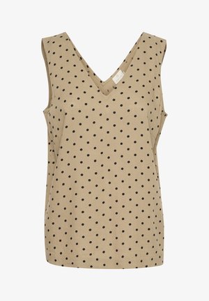 Top bej fără mâneci cu decolteu în V, cu puncte negre, realizat dintr-un material ușor, având o croială lejeră și un tiv drept.