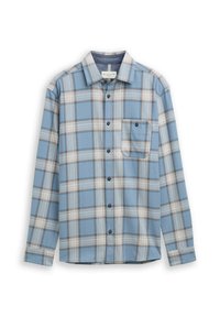 Blauwe geruite shirt van zacht stof, met een button-down kraag, een enkele borstzak en zwarte knopen aan de voorkant.