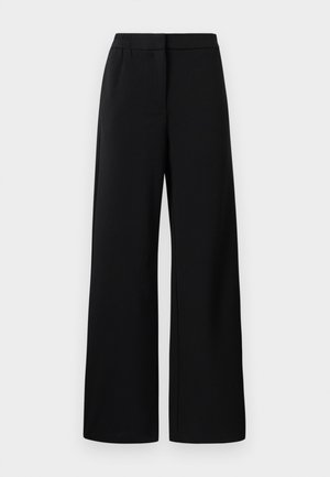 Mustad laiad püksid elastse vöökoha ja kortsuta esiosaga, kujundatud lohutavaks ja mugavaks istuvuseks.