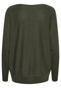 Tume-roheline pikkade varrukatega kootud kampsun, millel on mugav lõige ning soonilised varrukaotsad ja alumine serv, näidatud valge taustaga tagantvaates.