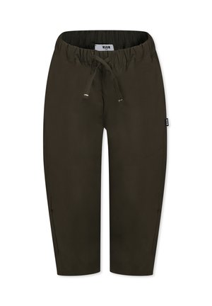 Pantaloni cropped leggeri di colore verde scuro con vita elasticizzata e coulisse. Presentano cerniere laterali e un piccolo etichetta con logo.